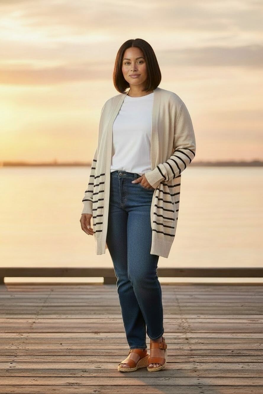 Lands' End Long Open-Front Blue & White Striped Cardigan Sweater Size 2X 20W-22W